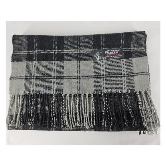 ITALY DESIGN MEN’S PLAID SCARF — CASHMERE BLEND - BLACK/GRAY - FRINGED - Picture 4 of 5